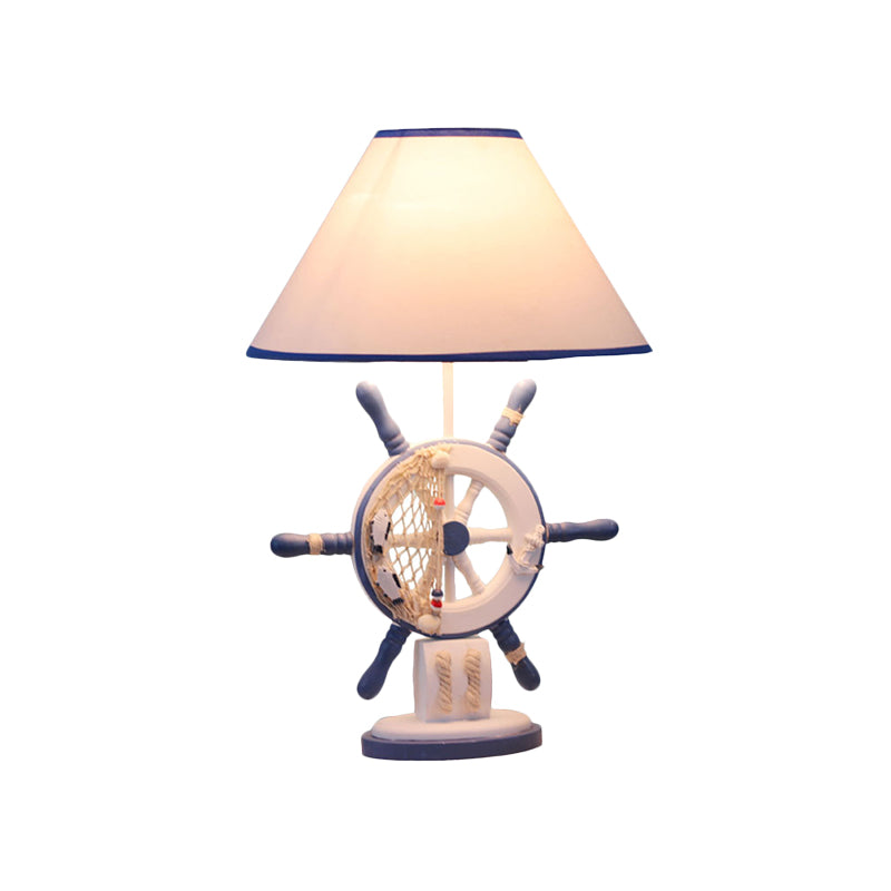 Resin Rudder Base Desk Lamp Children Single Bulb Blue Night Light with Cone White Fabric Shade Clearhalo 'Lamps' 'Table Lamps' Lighting' 1868048