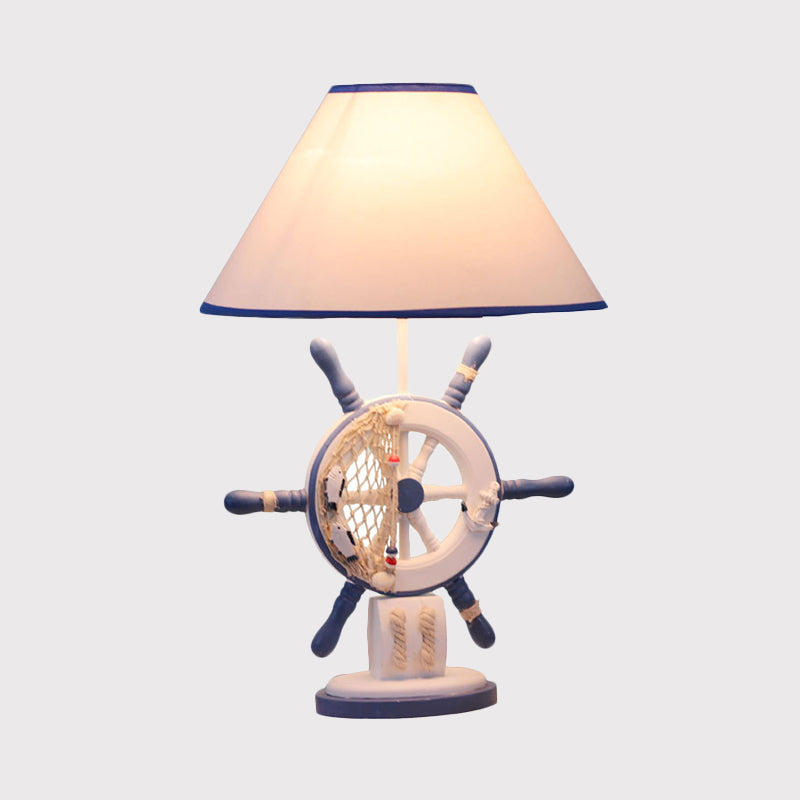Resin Rudder Base Desk Lamp Children Single Bulb Blue Night Light with Cone White Fabric Shade Clearhalo 'Lamps' 'Table Lamps' Lighting' 1868049