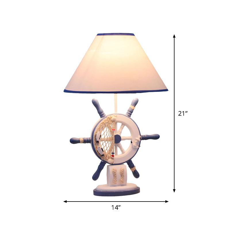 Resin Rudder Base Desk Lamp Children Single Bulb Blue Night Light with Cone White Fabric Shade Clearhalo 'Lamps' 'Table Lamps' Lighting' 1868050