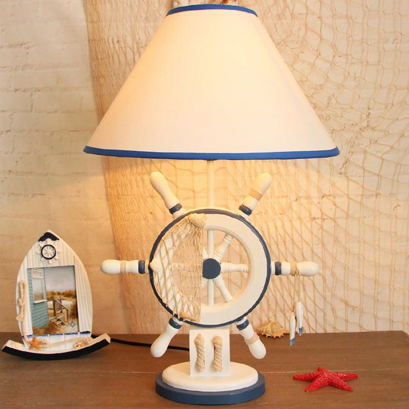 Resin Rudder Base Desk Lamp Children Single Bulb Blue Night Light with Cone White Fabric Shade Blue A Clearhalo 'Lamps' 'Table Lamps' Lighting' 1868051