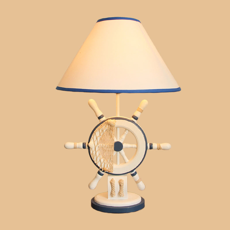 Resin Rudder Base Desk Lamp Children Single Bulb Blue Night Light with Cone White Fabric Shade Clearhalo 'Lamps' 'Table Lamps' Lighting' 1868054