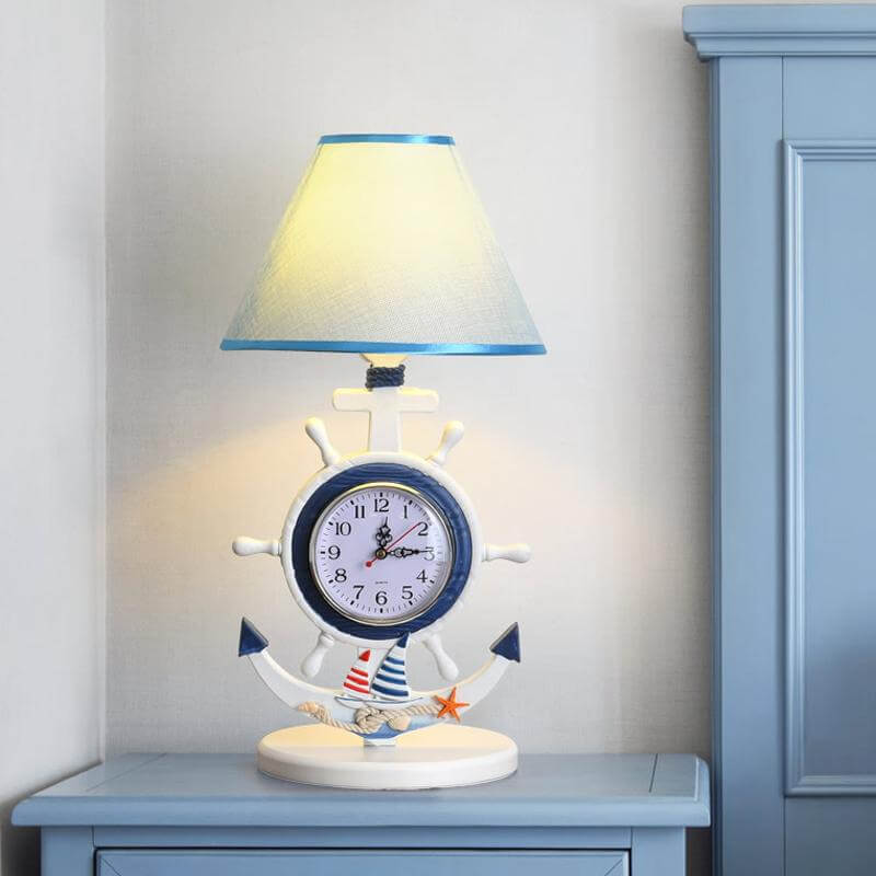 1 Bulb Bedchamber Desk Lamp Kids Blue Table Light with Conical Fabric Shade and Clock Design Clearhalo 'Lamps' 'Table Lamps' Lighting' 1868189-sw