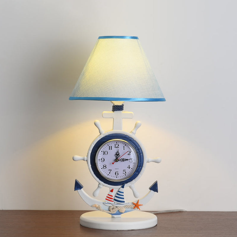 1 Bulb Bedchamber Desk Lamp Kids Blue Table Light with Conical Fabric Shade and Clock Design Clearhalo 'Lamps' 'Table Lamps' Lighting' 1868190