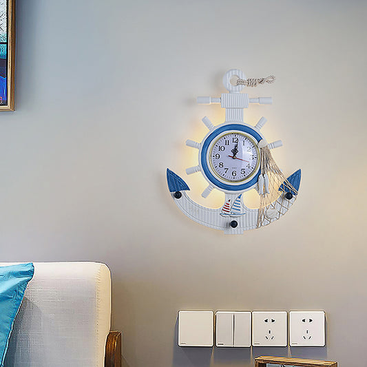 Metal Anchor Wall Sconce Light Children Style LED White Wall Mounted Lamp with Clock Design in Warm/White Light Clearhalo 'Wall Lamps & Sconces' 'Wall Lights' Lighting' 1868330