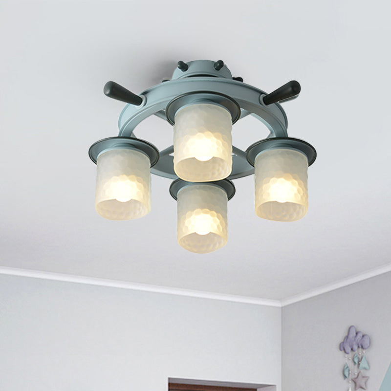 Cartoon Cylinder Semi Flush Light Frosted Dimpled Glass 4 Heads Bedroom Ceiling Lamp with Rudder Design in Blue Blue Clearhalo 'Ceiling Lights' 'Close To Ceiling Lights' 'Close to ceiling' 'Glass shade' 'Glass' 'Pendant Lights' 'Semi-flushmount' Lighting' 1868337