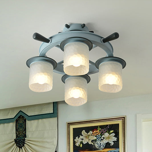 Cartoon Cylinder Semi Flush Light Frosted Dimpled Glass 4 Heads Bedroom Ceiling Lamp with Rudder Design in Blue Clearhalo 'Ceiling Lights' 'Close To Ceiling Lights' 'Close to ceiling' 'Glass shade' 'Glass' 'Pendant Lights' 'Semi-flushmount' Lighting' 1868338