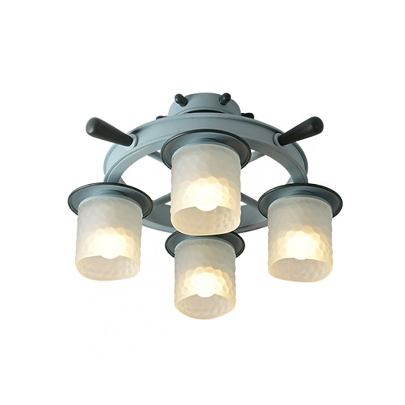 Cartoon Cylinder Semi Flush Light Frosted Dimpled Glass 4 Heads Bedroom Ceiling Lamp with Rudder Design in Blue Clearhalo 'Ceiling Lights' 'Close To Ceiling Lights' 'Close to ceiling' 'Glass shade' 'Glass' 'Pendant Lights' 'Semi-flushmount' Lighting' 1868339