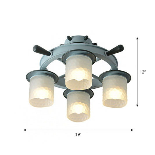 Cartoon Cylinder Semi Flush Light Frosted Dimpled Glass 4 Heads Bedroom Ceiling Lamp with Rudder Design in Blue Clearhalo 'Ceiling Lights' 'Close To Ceiling Lights' 'Close to ceiling' 'Glass shade' 'Glass' 'Pendant Lights' 'Semi-flushmount' Lighting' 1868340