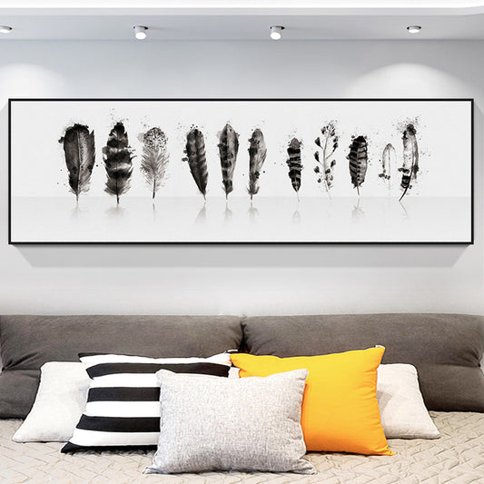 Contemporary Style Feather Pattern Wall Art Decor Black Living Room Wrapped Canvas Black 14" x 39" Clearhalo 'Art Gallery' 'Canvas Art' 'Contemporary Art Gallery' 'Modern' Arts' 1868350