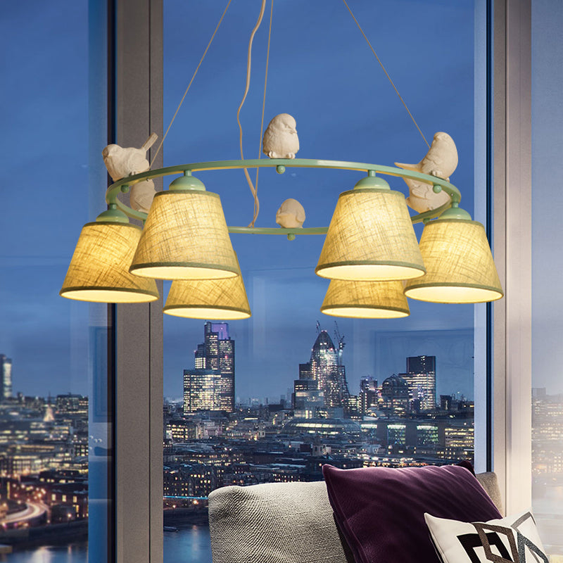 Ring Villa Chandelier with Bird & Tapered Shade Metal Rustic Style Hanging Light in Green 6 Green Clearhalo 'Ceiling Lights' 'Chandeliers' Lighting' options 186864_003f9abe-2b85-42d1-8f5e-aed925387d00