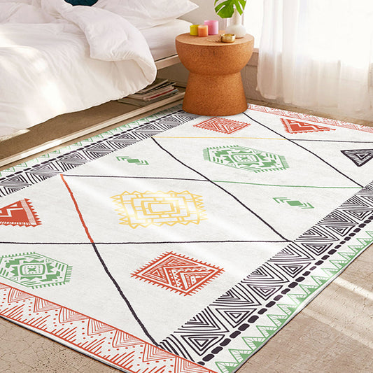 Southwestern Living Room Carpet White Tribal Geometry Pattern Rug Polyester Washable Non-Slip Pet Friendly Rug Green