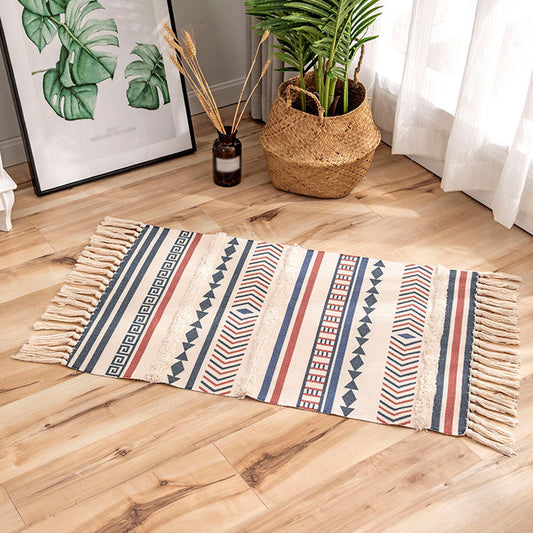 Bohemian Tribal Stripe Pattern Rug Multicolored Flax Rug Non-Slip Washable Area Rug for Decoration Blue 2' x 2'11" Clearhalo 'Area Rug' 'Bohemian' 'Rugs' Rug' 1868784