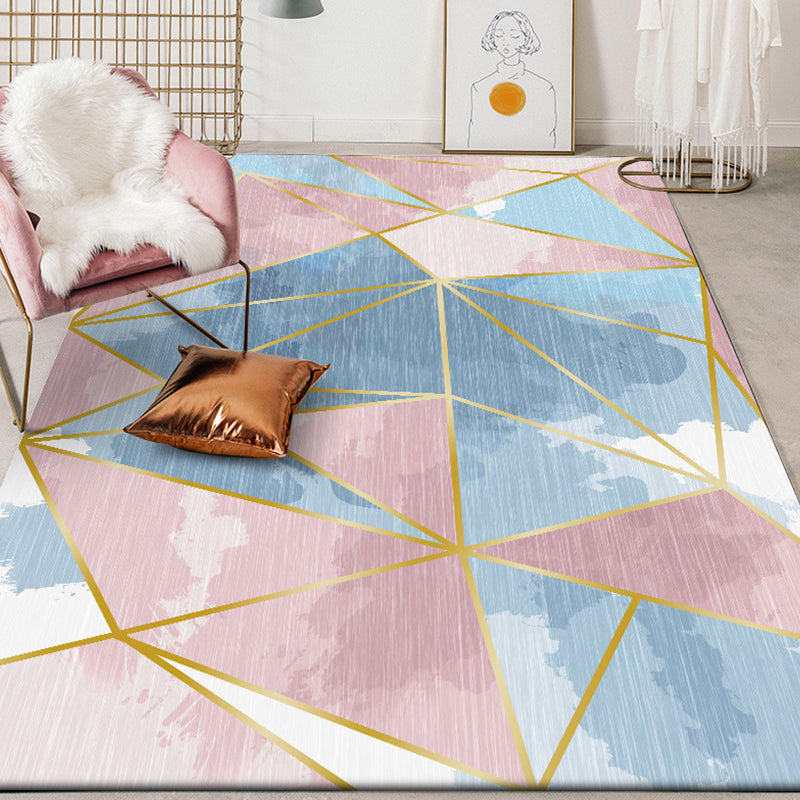 Blue Geometric Pattern Rug Polyester Modern Rug Washable Non-Slip Pet ...