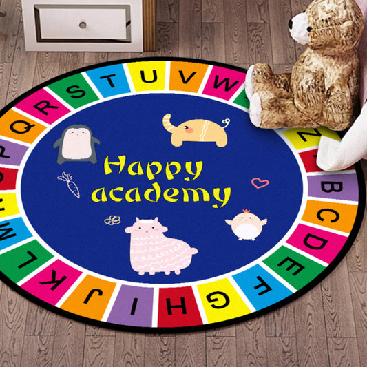Multicolor Cartoon Animal Pattern Rug Polyester Kids Rug Washable Non-Slip Pet Friendly Carpet for Bedroom Dark Blue