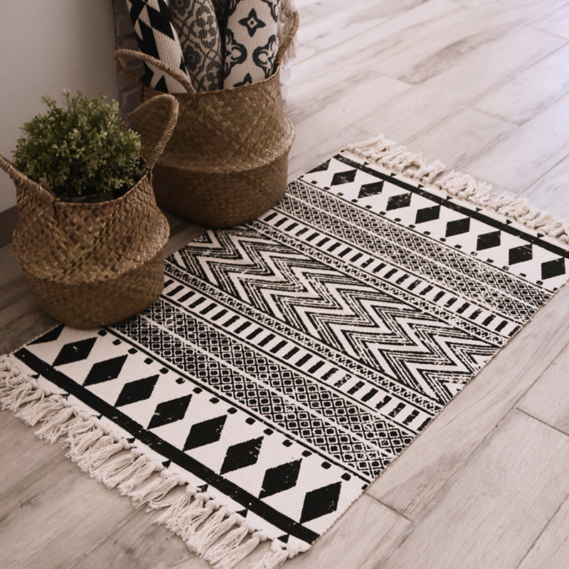 Multicolor Tribal Striped Pattern Rug Cotton Bohemian Rug Washable Non-Slip Pet Friendly Carpet for Living Room Gloss Black 2' x 2'11" Clearhalo 'Area Rug' 'Bohemian' 'Rugs' Rug' 1869463