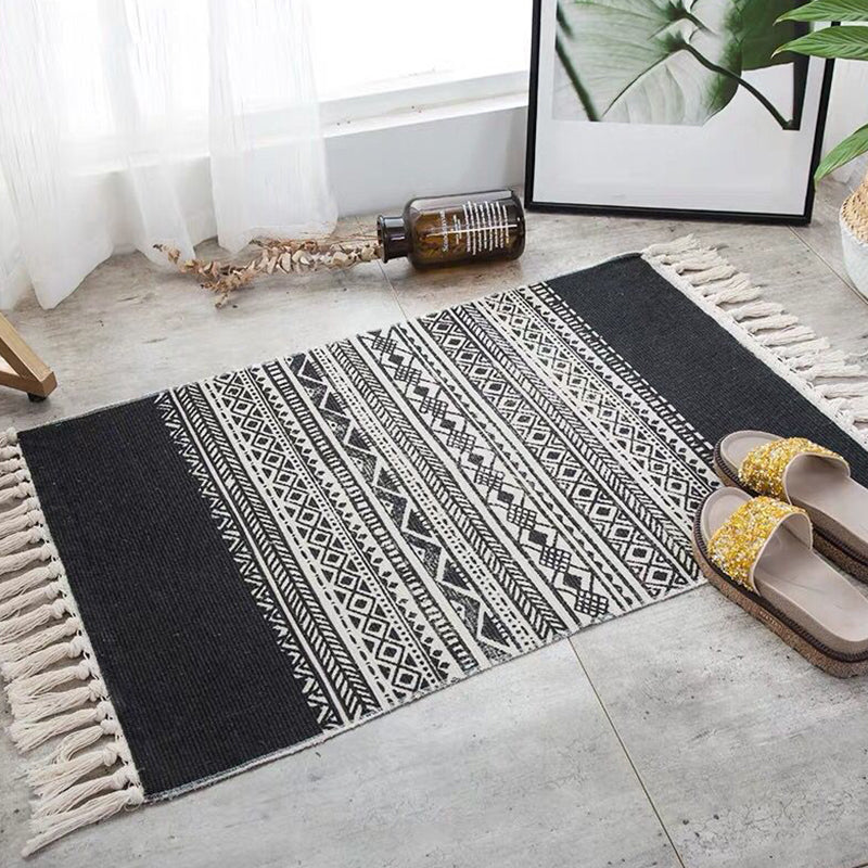 Multicolor Tribal Striped Pattern Rug Cotton Bohemian Rug Washable Non-Slip Pet Friendly Carpet for Living Room Black 2' x 2'11" Clearhalo 'Area Rug' 'Bohemian' 'Rugs' Rug' 1869465
