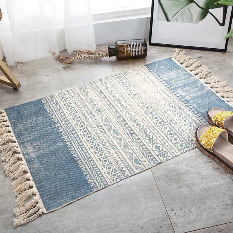Multicolor Tribal Striped Pattern Rug Cotton Bohemian Rug Washable Non-Slip Pet Friendly Carpet for Living Room Blue 2' x 2'11" Clearhalo 'Area Rug' 'Bohemian' 'Rugs' Rug' 1869467
