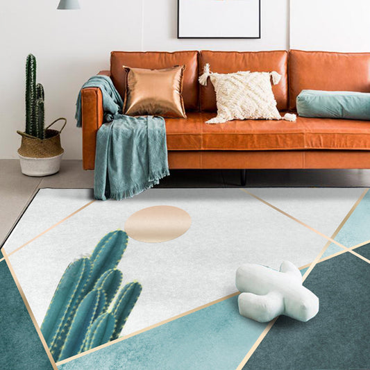 Green Bedroom Rug Modernist Geometric and Cactus Pattern Rug Polyester Anti-Slip Backing Washable Area Rug Clearhalo 'Area Rug' 'Modern' 'Rugs' Rug' 1869471