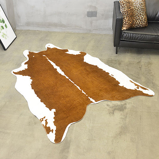 Modernism Cow Skin Pattern Rug White and Black Polyester Rug Non-Slip Pet Friendly Washable Carpet for Living Room Light Brown 4'7" x 6'7"