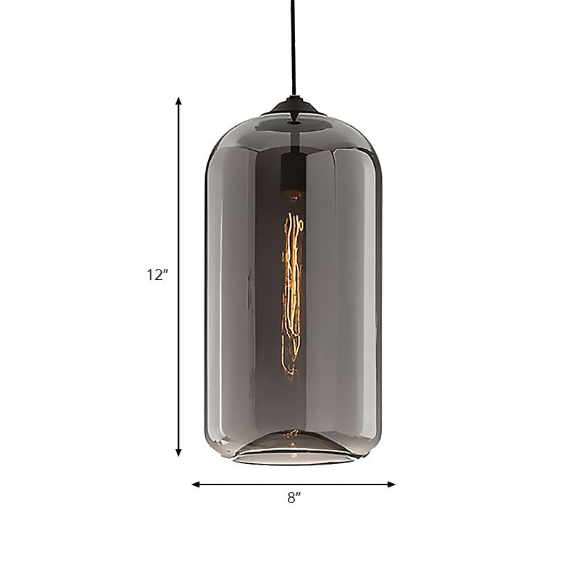 8" Wide Clear/Amber/Smoky Glass Cylindrical Pendant Light Contemporary 1 Light Black Hanging Lamp Fixture Clearhalo 'Ceiling Lights' 'Glass shade' 'Glass' 'Modern Pendants' 'Modern' 'Pendant Lights' 'Pendants' Lighting' 186973