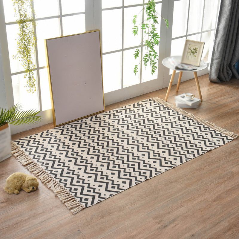 Bohemian Tribal Geometric Pattern Rug with Stripe Multi Colored Flax Rug Non-Slip Pet Friendly Washable Area Rug for Study Black 3'11" x 5'11" Clearhalo 'Area Rug' 'Bohemian' 'Rugs' Rug' 1869830