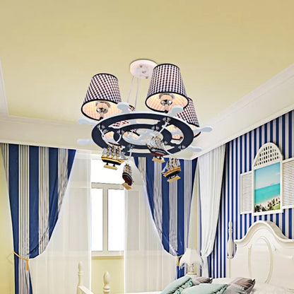Rudder Study Room Chandelier with Plaid Shade & Ship Wood 4 Lights Nautical Pendant Light Blue Clearhalo 'Ceiling Lights' 'Chandeliers' Lighting' options 186994_e704109c-f17e-4d85-9e7a-50334c507f3e