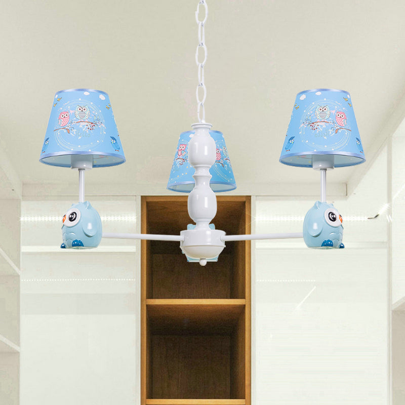 Baby Owl Shape Chandelier with Fabric Shade Cartoon Metal Pendant Light in Blue for Boys Bedroom Clearhalo 'Ceiling Lights' 'Chandeliers' Lighting' options 187008