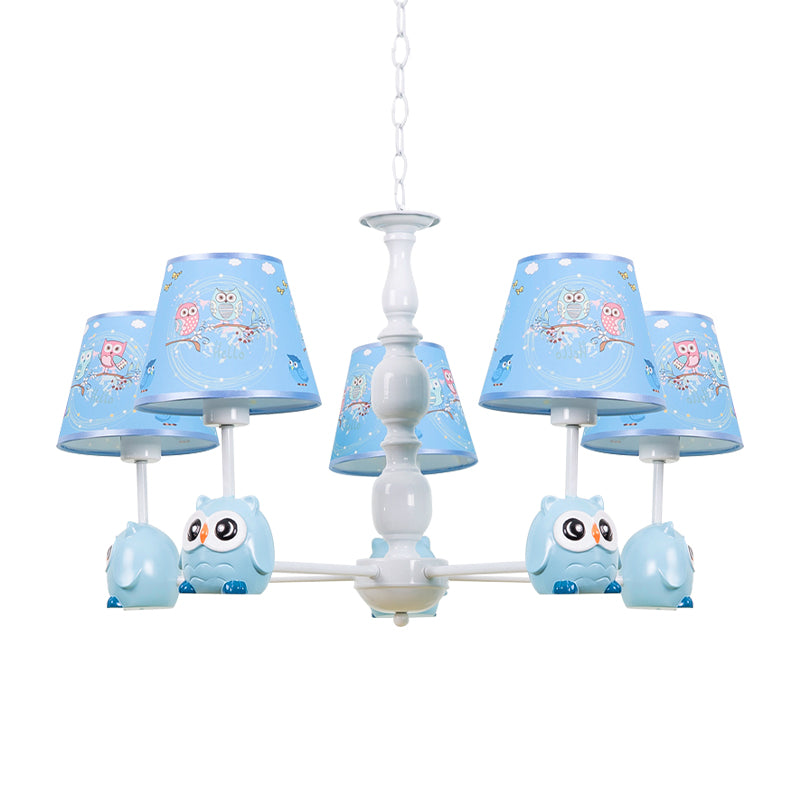 Baby Owl Shape Chandelier with Fabric Shade Cartoon Metal Pendant Light in Blue for Boys Bedroom Clearhalo 'Ceiling Lights' 'Chandeliers' Lighting' options 187013