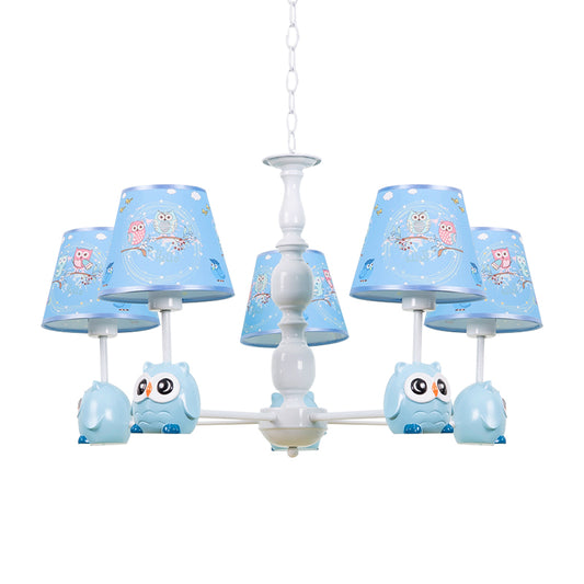 Baby Owl Shape Chandelier with Fabric Shade Cartoon Metal Pendant Light in Blue for Boys Bedroom Clearhalo 'Ceiling Lights' 'Chandeliers' Lighting' options 187013