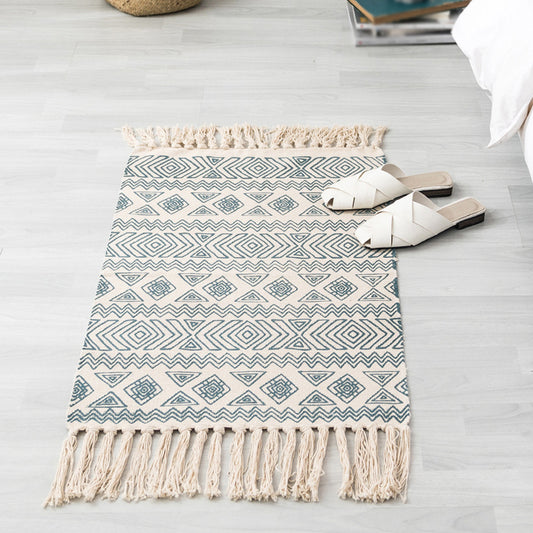 Vintage Tribal Pattern Rug Multicolor Bohemian Rug Cotton Pet Friendly Washable Non-Slip Area Rug for Bedroom Blue
