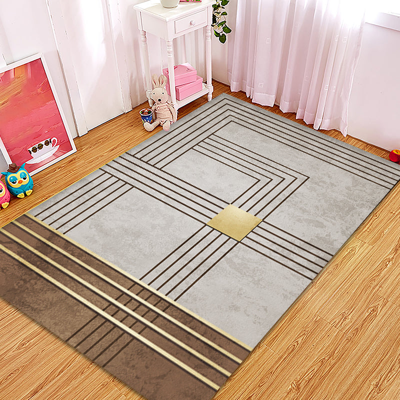 Grey and Camel Modern Rug Polyester Geometric and Stripe Pattern Rug Pet Friendly Washable Non-Slip Area Rug for Drawing Room Camel Clearhalo 'Area Rug' 'Modern' 'Rugs' Rug' 1870548