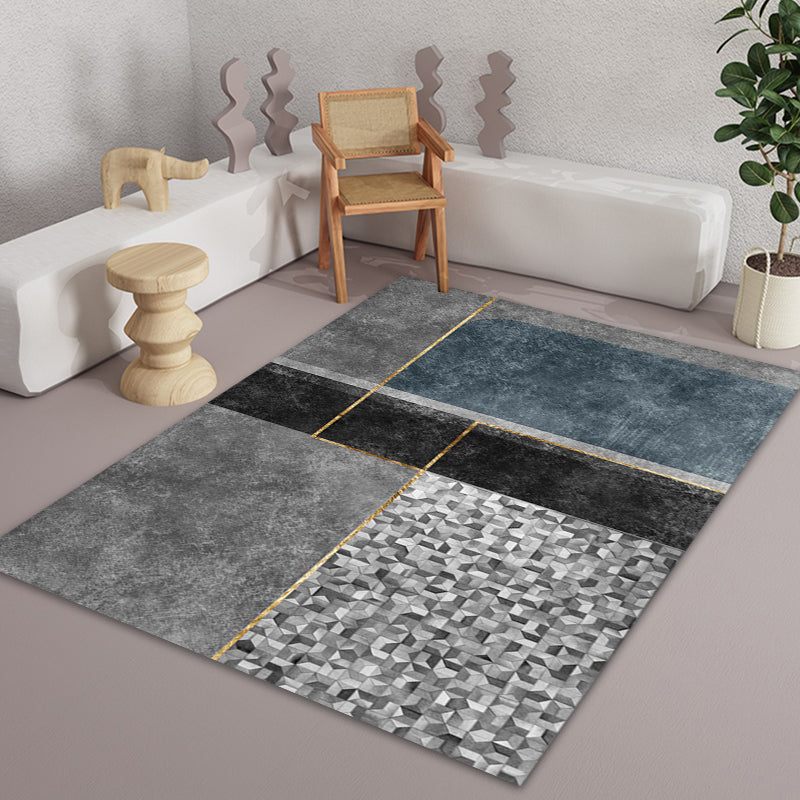 Grey Geometrical Pattern Area Rug with Stripe Synthetics Modernist Rug Washable Anti-Slip Backing Rug for Parlor Blue Clearhalo 'Area Rug' 'Rug' 1870639