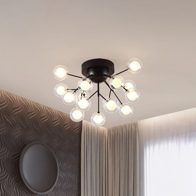 Thin Twig Bedroom Semi Ceiling Mount Light Metal Glass Modern Ceiling Lamp in Black Clearhalo 'Ceiling Lights' 'Close To Ceiling Lights' 'Close to ceiling' 'Glass shade' 'Glass' 'Semi-flushmount' Lighting' 1870907