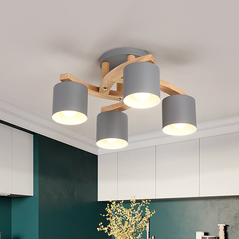 Cylinder Shade Semi Ceiling Mount Light Nordic Metal Flush Light for Living Room Villa 4 Grey Clearhalo 'Ceiling Lights' 'Close To Ceiling Lights' 'Close to ceiling' 'Semi-flushmount' Lighting' 1871046
