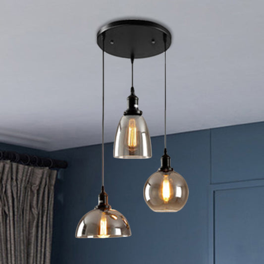 Black 3/4 Lights Multiple Hanging Light Industrial Smoked Glass Geometric Shade Cluster Pendant, Linear/Round Canopy 3 Smoke Gray Round Clearhalo 'Ceiling Lights' 'Glass shade' 'Glass' 'Industrial Pendants' 'Industrial' 'Middle Century Pendants' 'Pendant Lights' 'Pendants' 'Tiffany' Lighting' 1871249