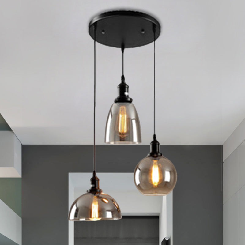 Black 3/4 Lights Multiple Hanging Light Industrial Smoked Glass Geometric Shade Cluster Pendant, Linear/Round Canopy Clearhalo 'Ceiling Lights' 'Glass shade' 'Glass' 'Industrial Pendants' 'Industrial' 'Middle Century Pendants' 'Pendant Lights' 'Pendants' 'Tiffany' Lighting' 1871250