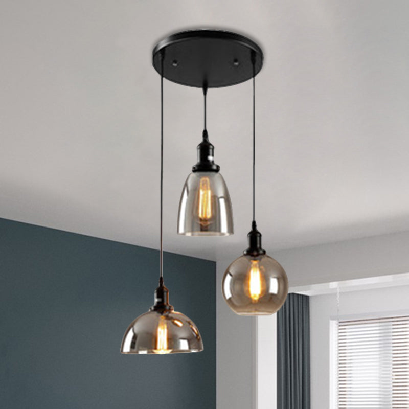 Black 3/4 Lights Multiple Hanging Light Industrial Smoked Glass Geometric Shade Cluster Pendant, Linear/Round Canopy Clearhalo 'Ceiling Lights' 'Glass shade' 'Glass' 'Industrial Pendants' 'Industrial' 'Middle Century Pendants' 'Pendant Lights' 'Pendants' 'Tiffany' Lighting' 1871251