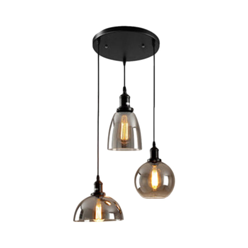 Black 3/4 Lights Multiple Hanging Light Industrial Smoked Glass Geometric Shade Cluster Pendant, Linear/Round Canopy Clearhalo 'Ceiling Lights' 'Glass shade' 'Glass' 'Industrial Pendants' 'Industrial' 'Middle Century Pendants' 'Pendant Lights' 'Pendants' 'Tiffany' Lighting' 1871252