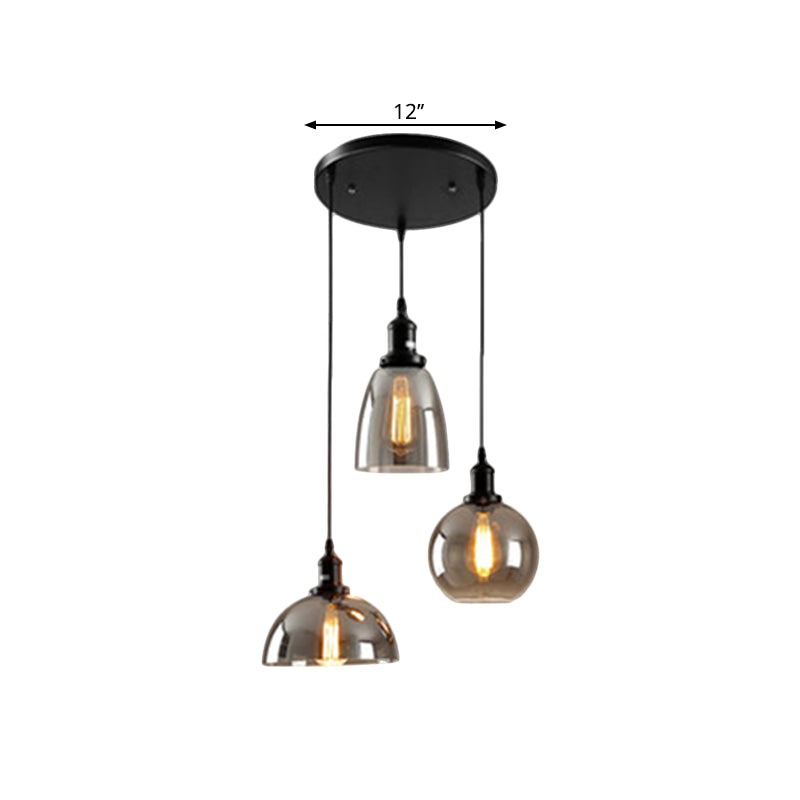 Black 3/4 Lights Multiple Hanging Light Industrial Smoked Glass Geometric Shade Cluster Pendant, Linear/Round Canopy Clearhalo 'Ceiling Lights' 'Glass shade' 'Glass' 'Industrial Pendants' 'Industrial' 'Middle Century Pendants' 'Pendant Lights' 'Pendants' 'Tiffany' Lighting' 1871253