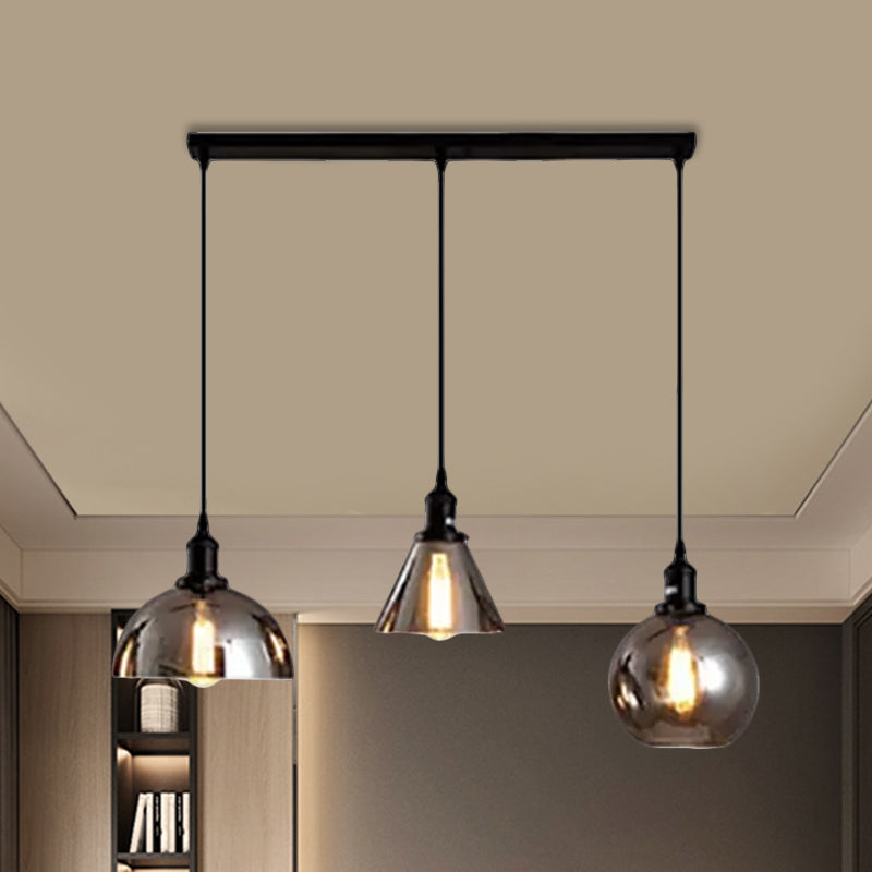 Black 3/4 Lights Multiple Hanging Light Industrial Smoked Glass Geometric Shade Cluster Pendant, Linear/Round Canopy 3 Smoke Gray Linear Clearhalo 'Ceiling Lights' 'Glass shade' 'Glass' 'Industrial Pendants' 'Industrial' 'Middle Century Pendants' 'Pendant Lights' 'Pendants' 'Tiffany' Lighting' 1871254