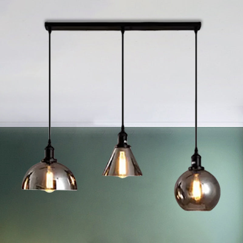 Black 3/4 Lights Multiple Hanging Light Industrial Smoked Glass Geometric Shade Cluster Pendant, Linear/Round Canopy Clearhalo 'Ceiling Lights' 'Glass shade' 'Glass' 'Industrial Pendants' 'Industrial' 'Middle Century Pendants' 'Pendant Lights' 'Pendants' 'Tiffany' Lighting' 1871255