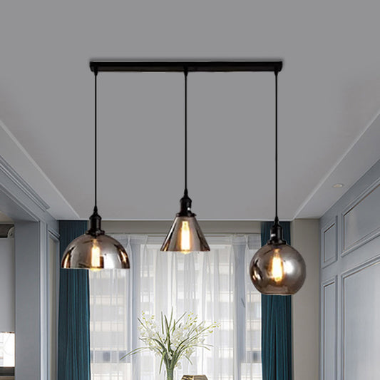 Black 3/4 Lights Multiple Hanging Light Industrial Smoked Glass Geometric Shade Cluster Pendant, Linear/Round Canopy Clearhalo 'Ceiling Lights' 'Glass shade' 'Glass' 'Industrial Pendants' 'Industrial' 'Middle Century Pendants' 'Pendant Lights' 'Pendants' 'Tiffany' Lighting' 1871256