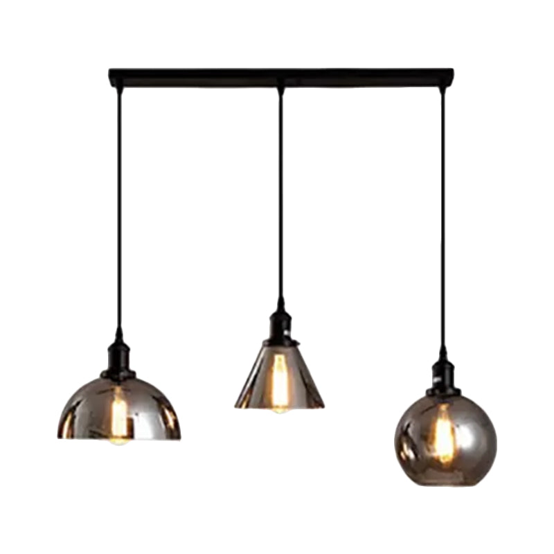 Black 3/4 Lights Multiple Hanging Light Industrial Smoked Glass Geometric Shade Cluster Pendant, Linear/Round Canopy Clearhalo 'Ceiling Lights' 'Glass shade' 'Glass' 'Industrial Pendants' 'Industrial' 'Middle Century Pendants' 'Pendant Lights' 'Pendants' 'Tiffany' Lighting' 1871257