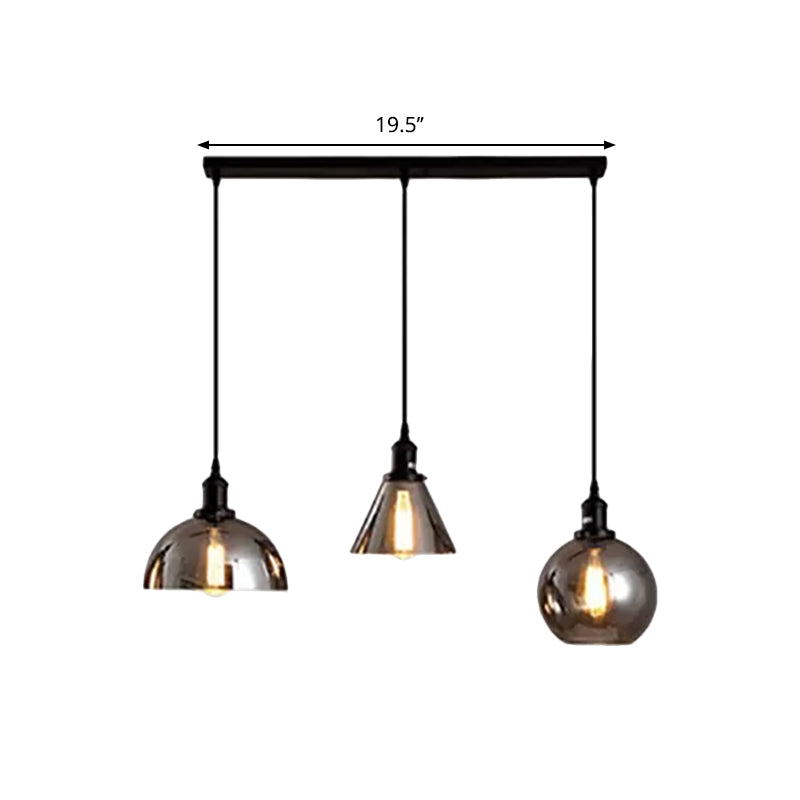 Black 3/4 Lights Multiple Hanging Light Industrial Smoked Glass Geometric Shade Cluster Pendant, Linear/Round Canopy Clearhalo 'Ceiling Lights' 'Glass shade' 'Glass' 'Industrial Pendants' 'Industrial' 'Middle Century Pendants' 'Pendant Lights' 'Pendants' 'Tiffany' Lighting' 1871258