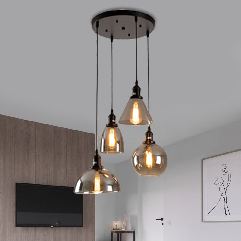 Black 3/4 Lights Multiple Hanging Light Industrial Smoked Glass Geometric Shade Cluster Pendant, Linear/Round Canopy 4 Smoke Gray Round Clearhalo 'Ceiling Lights' 'Glass shade' 'Glass' 'Industrial Pendants' 'Industrial' 'Middle Century Pendants' 'Pendant Lights' 'Pendants' 'Tiffany' Lighting' 1871259