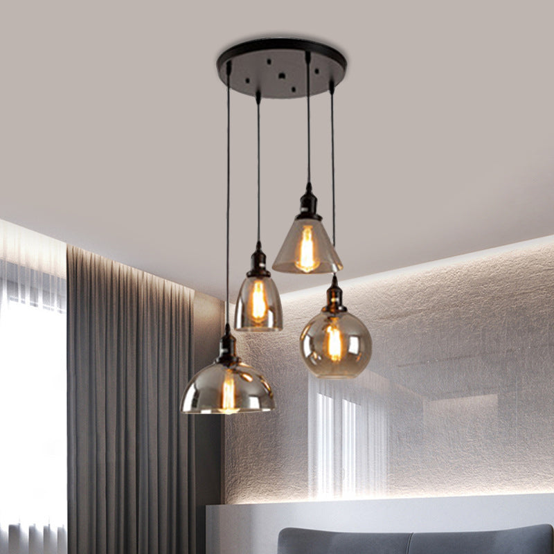 Black 3/4 Lights Multiple Hanging Light Industrial Smoked Glass Geometric Shade Cluster Pendant, Linear/Round Canopy Clearhalo 'Ceiling Lights' 'Glass shade' 'Glass' 'Industrial Pendants' 'Industrial' 'Middle Century Pendants' 'Pendant Lights' 'Pendants' 'Tiffany' Lighting' 1871260
