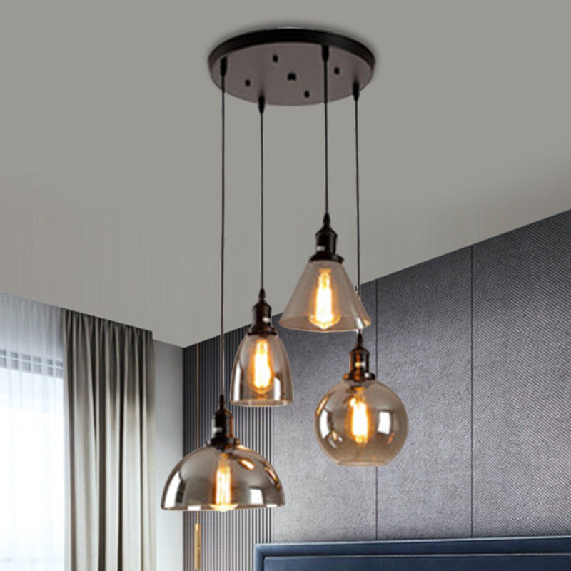 Black 3/4 Lights Multiple Hanging Light Industrial Smoked Glass Geometric Shade Cluster Pendant, Linear/Round Canopy Clearhalo 'Ceiling Lights' 'Glass shade' 'Glass' 'Industrial Pendants' 'Industrial' 'Middle Century Pendants' 'Pendant Lights' 'Pendants' 'Tiffany' Lighting' 1871261