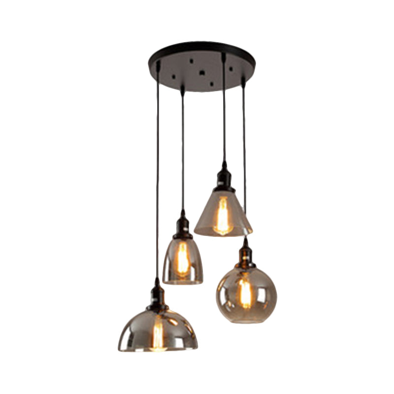 Black 3/4 Lights Multiple Hanging Light Industrial Smoked Glass Geometric Shade Cluster Pendant, Linear/Round Canopy Clearhalo 'Ceiling Lights' 'Glass shade' 'Glass' 'Industrial Pendants' 'Industrial' 'Middle Century Pendants' 'Pendant Lights' 'Pendants' 'Tiffany' Lighting' 1871262