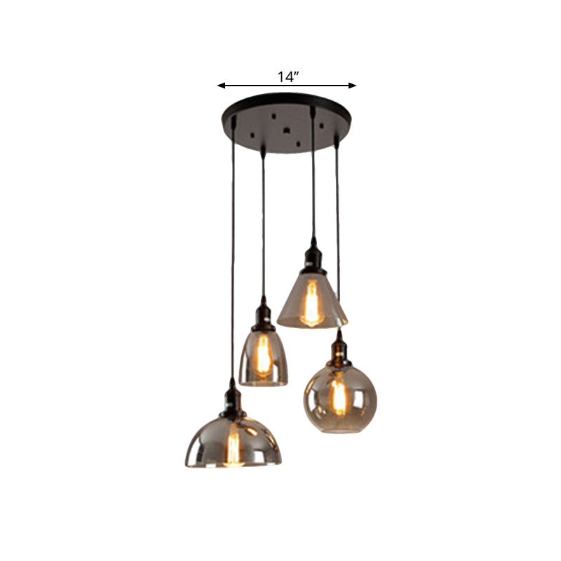 Black 3/4 Lights Multiple Hanging Light Industrial Smoked Glass Geometric Shade Cluster Pendant, Linear/Round Canopy Clearhalo 'Ceiling Lights' 'Glass shade' 'Glass' 'Industrial Pendants' 'Industrial' 'Middle Century Pendants' 'Pendant Lights' 'Pendants' 'Tiffany' Lighting' 1871263
