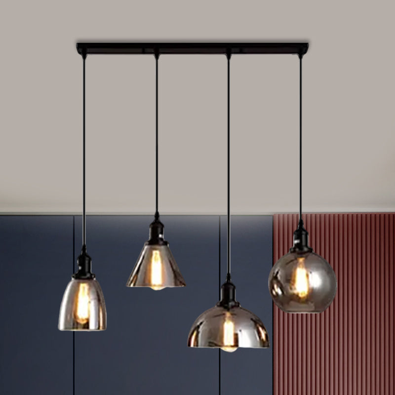 Black 3/4 Lights Multiple Hanging Light Industrial Smoked Glass Geometric Shade Cluster Pendant, Linear/Round Canopy 4 Smoke Gray Linear Clearhalo 'Ceiling Lights' 'Glass shade' 'Glass' 'Industrial Pendants' 'Industrial' 'Middle Century Pendants' 'Pendant Lights' 'Pendants' 'Tiffany' Lighting' 1871264